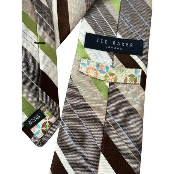 Ted Baker London Men's Gray Green Linen Blend Striped Print Neck Tie - Picture 2 of 2